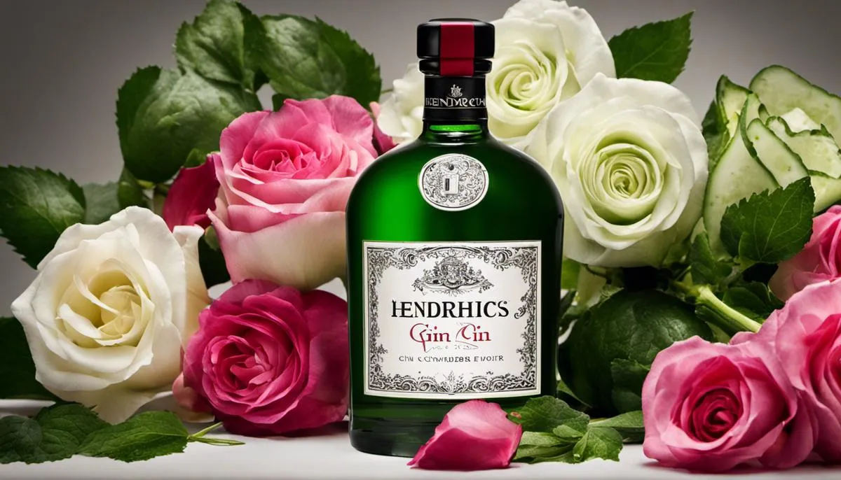A bottle of Hendrick's Gin with cucumber and rose petals, representing the unique flavor combination