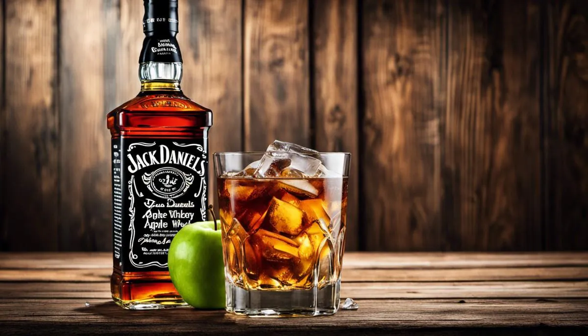 A bottle of Jack Daniels Apple Whiskey with a glass filled with ice and a slice of green apple on a wooden table, inviting and refreshing.