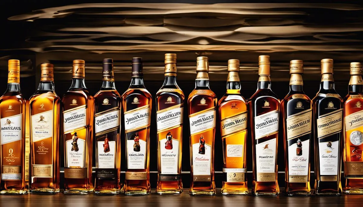 A selection of Johnnie Walker whisky bottles lined up. Each bottle represents a different label and flavor profile, showcasing the range of choices available.