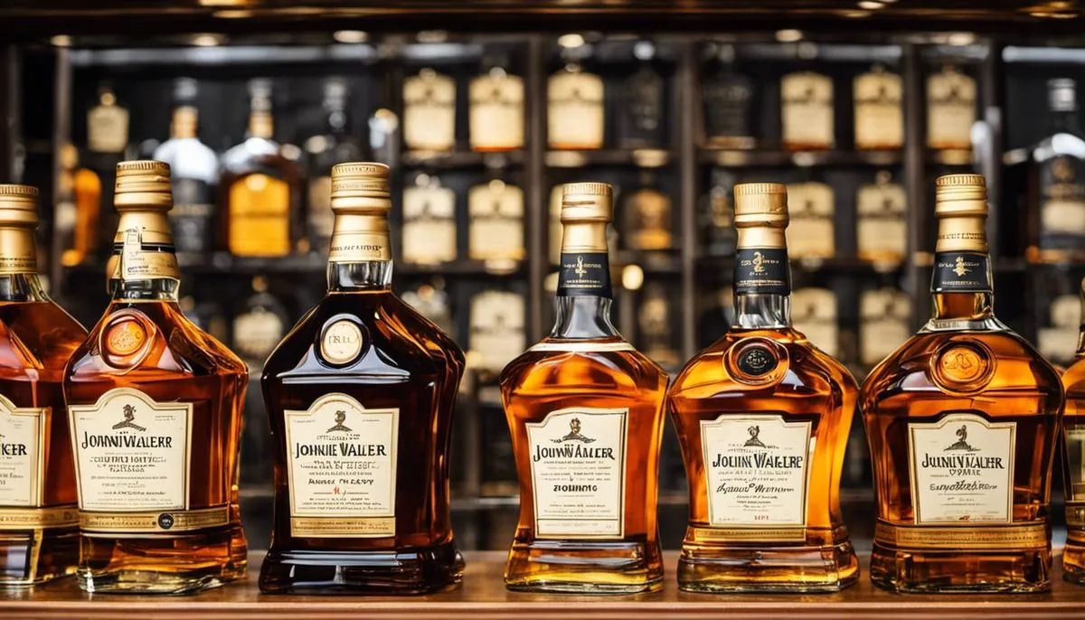 A collection of Johnnie Walker whisky bottles displayed on a shelf