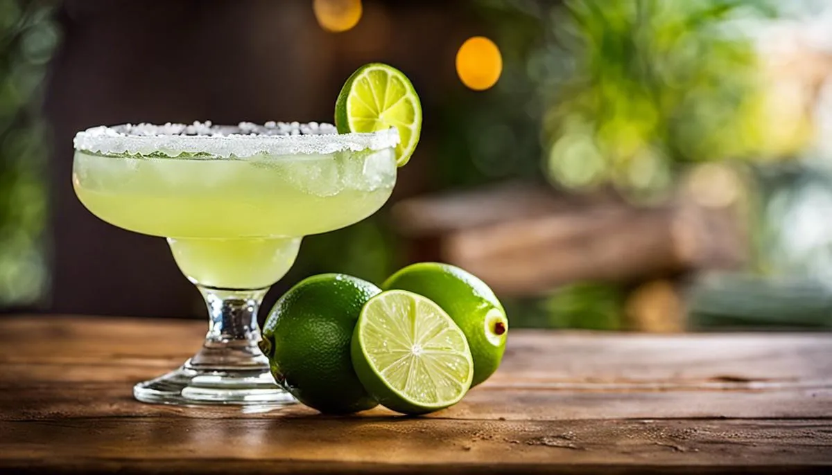 A refreshing margarita cocktail with lime garnish and salt-rimmed glass.