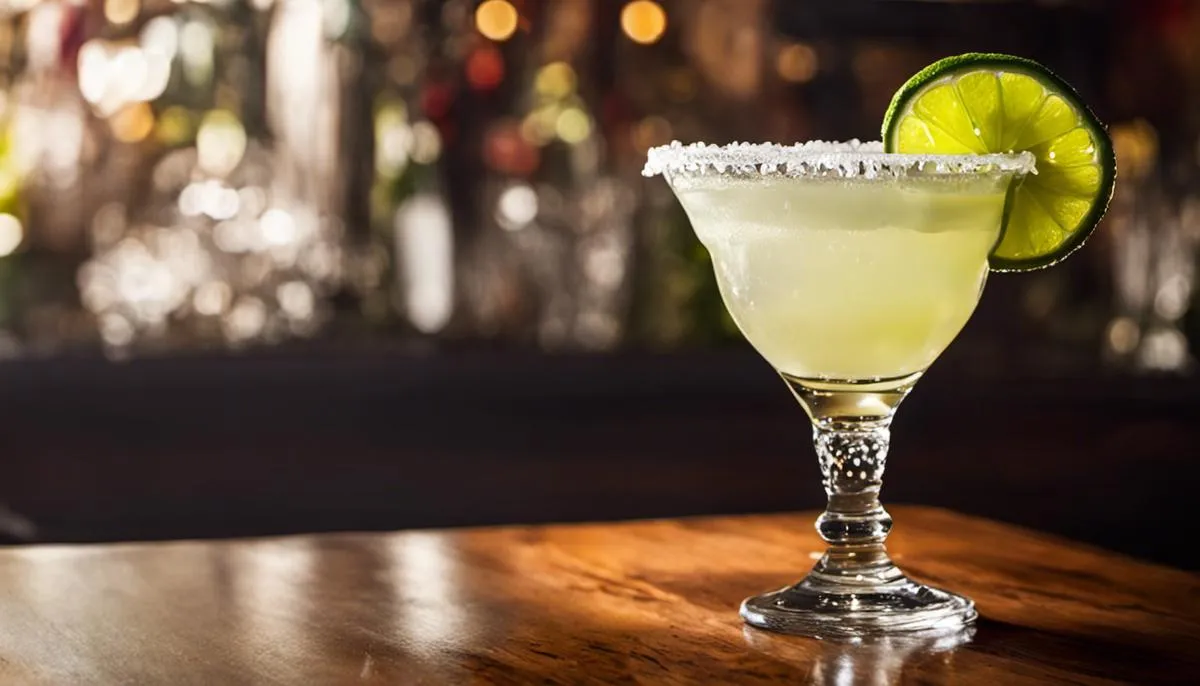 A refreshing margarita served in a salted rim glass with a lime wedge garnish