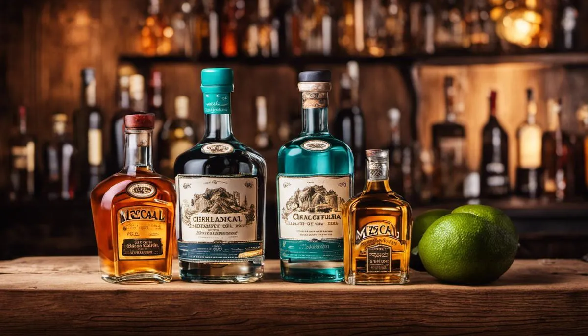 Image of mezcal and tequila bottles on a wooden table.