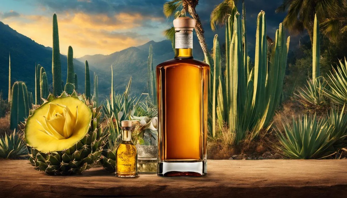 A bottle of Mezcal and Tequila surrounded by agave plants, representing the myths and realities of these spirits.