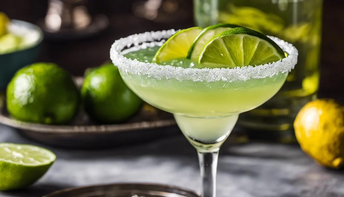A close-up image of a margarita glass with a salt rim, filled with a refreshing green margarita cocktail with slices of lime as garnish