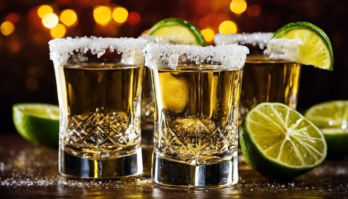 An image of tequila shots being enjoyed with salt and lime