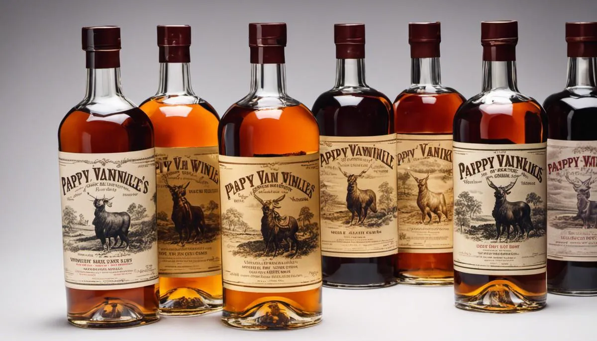 Bottles of Pappy Van Winkle's Whiskey displayed with a rich amber liquid in glass bottles, signifying its exclusive and sought-after nature