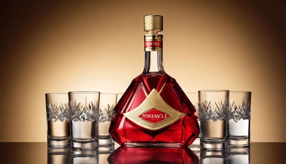Image of a bottle of Pinnacle Vodka with a red label and gold accents, surrounded by glasses and ice cubes.