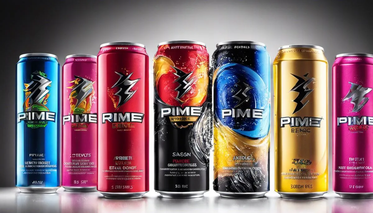 A variety of prime energy drinks with different flavors and ingredients.