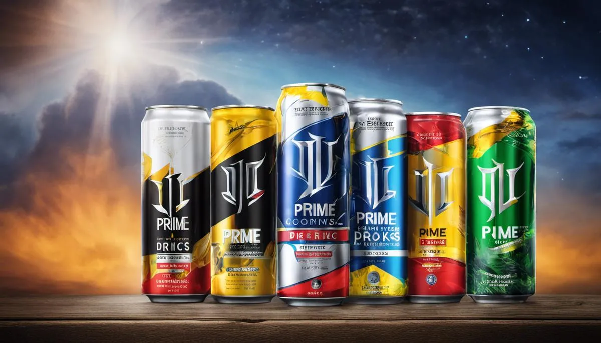An image showing different Prime Energy Drinks with their nutritional content listed on the packaging