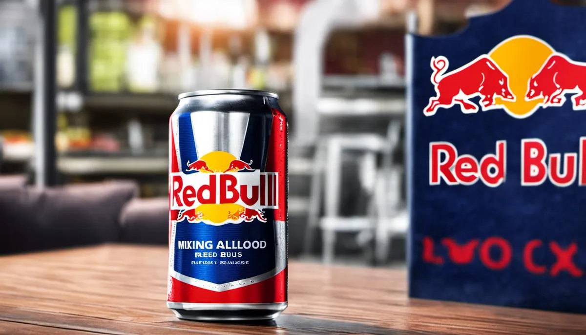 An image showing a can of Red Bull beside a glass of alcohol with a caution sign overlaid to represent the potential risks of mixing Red Bull and alcohol.