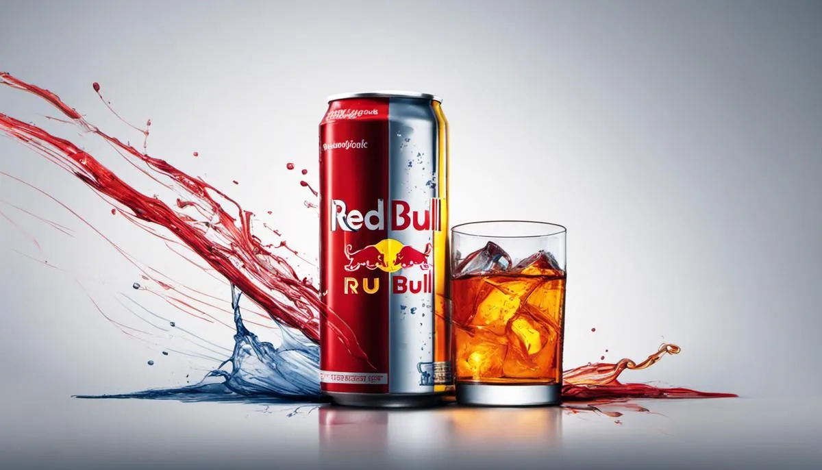 Image depicting a Red Bull can and a glass of alcohol with dashed lines coming out of the can and mixing with the alcohol, representing misconceptions and myths.