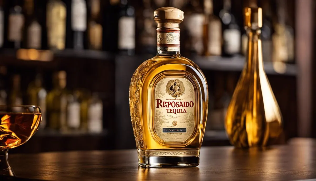 A bottle of Reposado Tequila with a golden hue, representing its distinct aging process and flavor profile.
