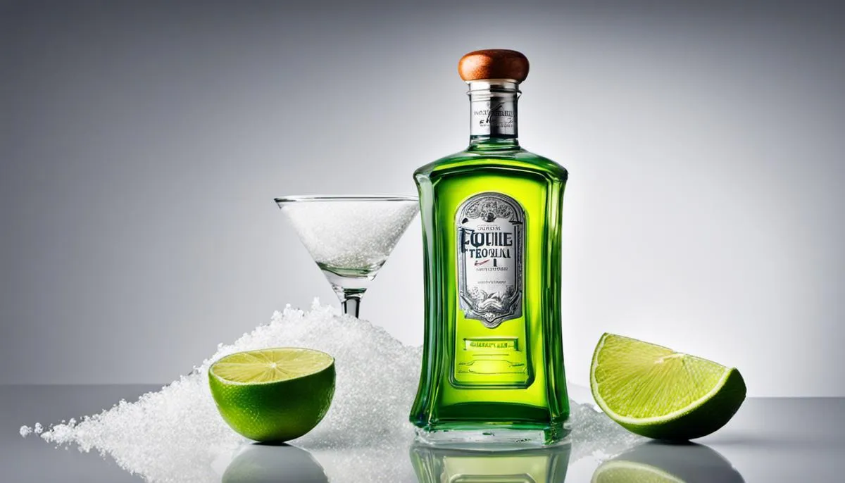 A bottle of silver tequila with a lime and salt, representing a refreshing drink.
