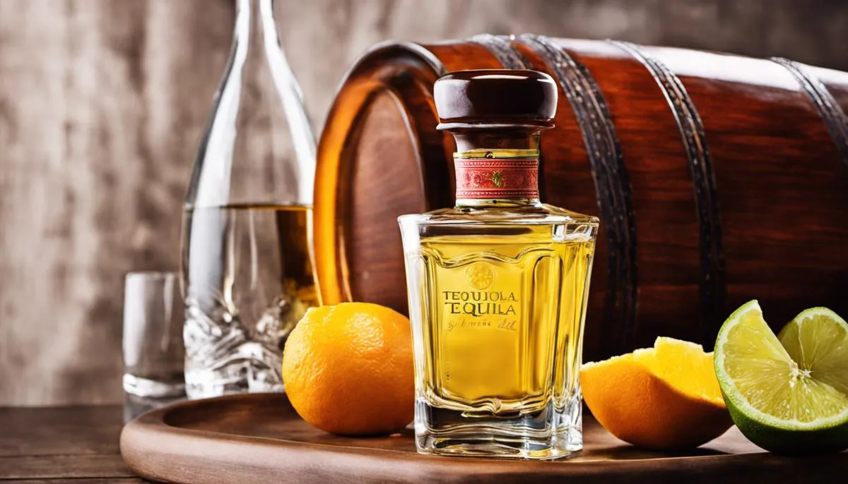 A bottle of tequila with a glass and citrus fruits, representing the art of sipping tequila.