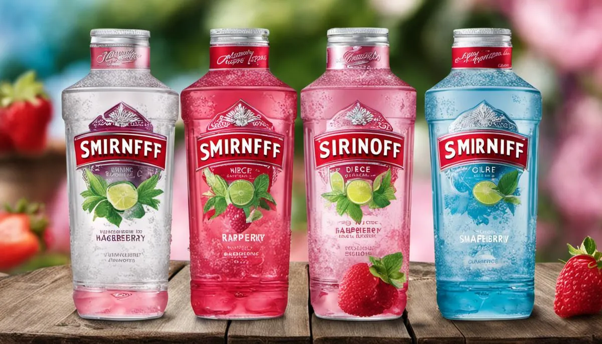 A variety pack of Smirnoff Ice displaying different flavors, including Original, Raspberry, Margarita, and Strawberry.
