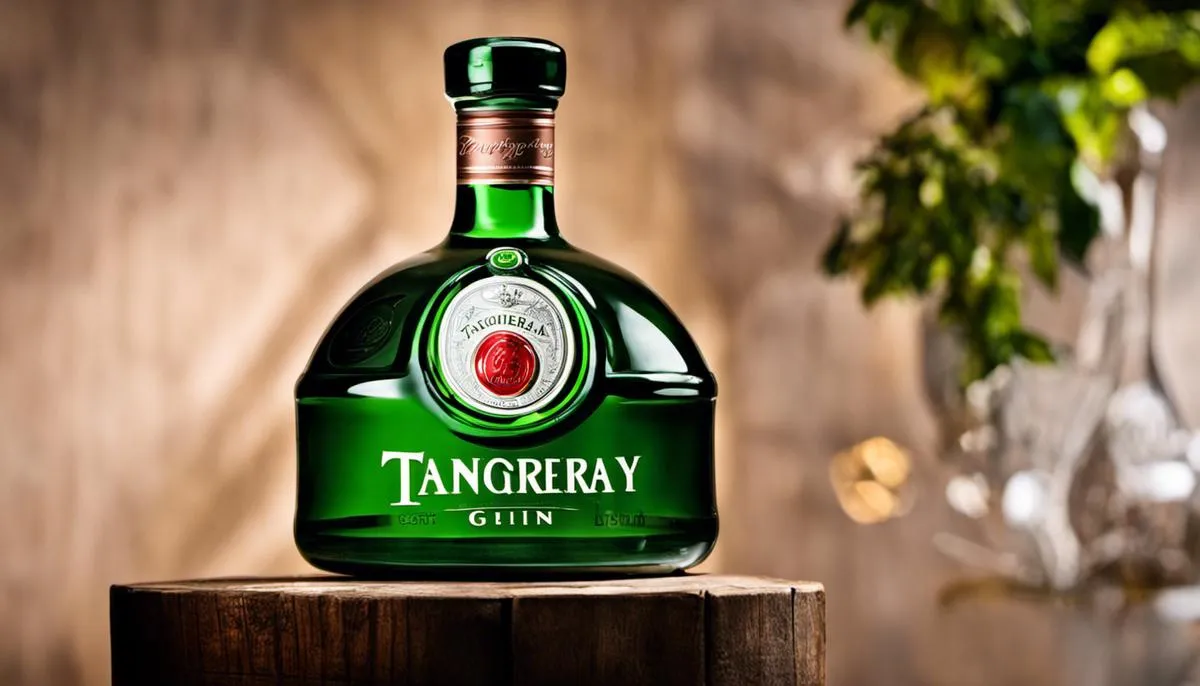 A bottle of Tanqueray gin, showcasing its traditional legacy and commitment to quality.