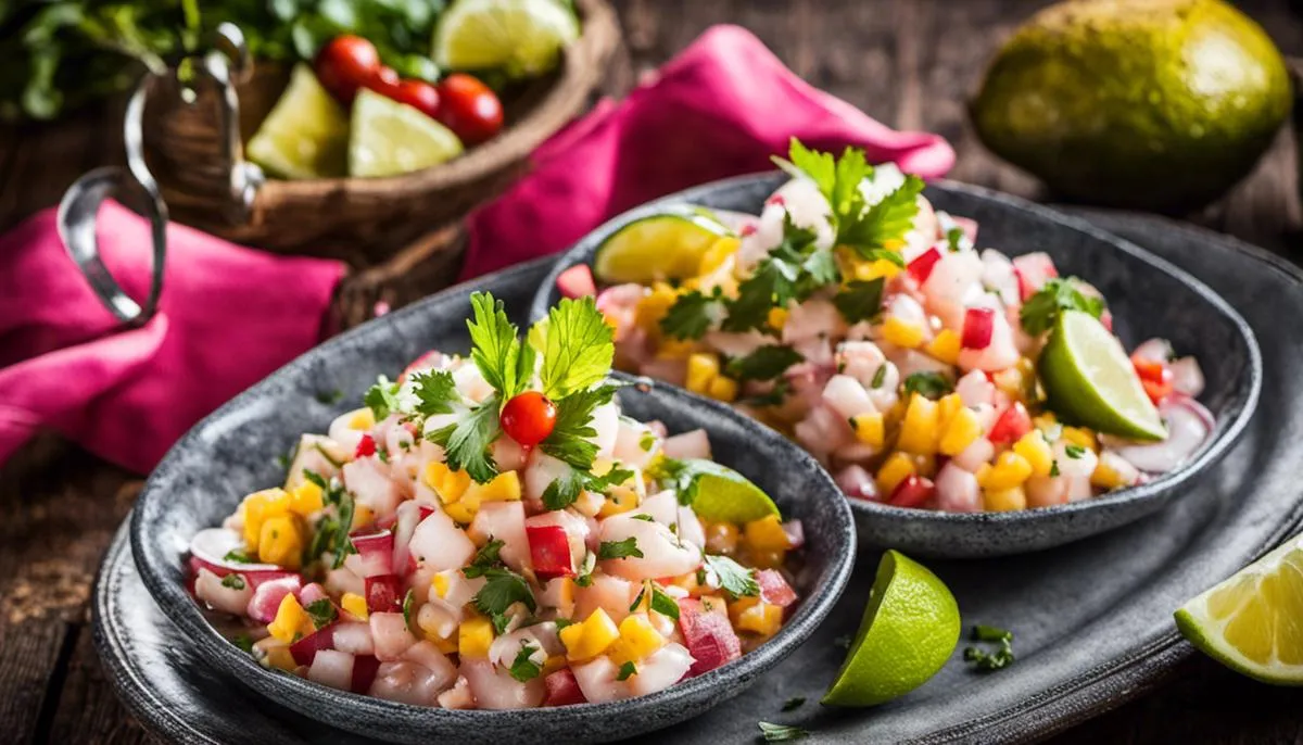 A plate of citrusy ceviche with tequila on the side, showcasing the perfect pairing of flavors.
