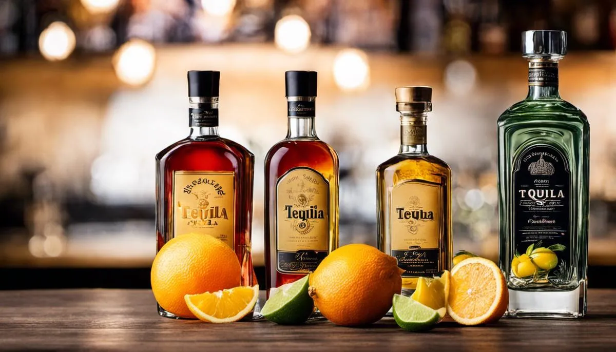 Selection of tequila bottles, citrus fruits, and cocktail garnishes for tequila cocktails