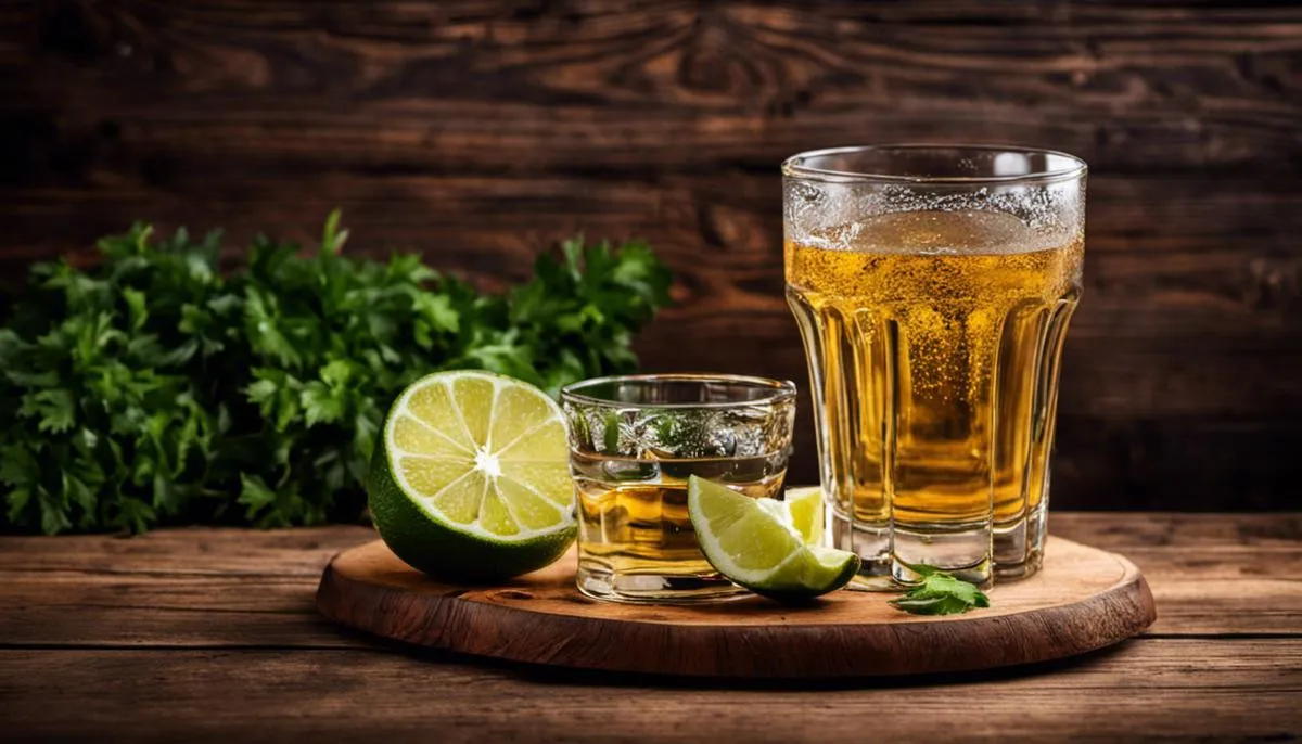 A glass of tequila and cooking ingredients on a wooden background