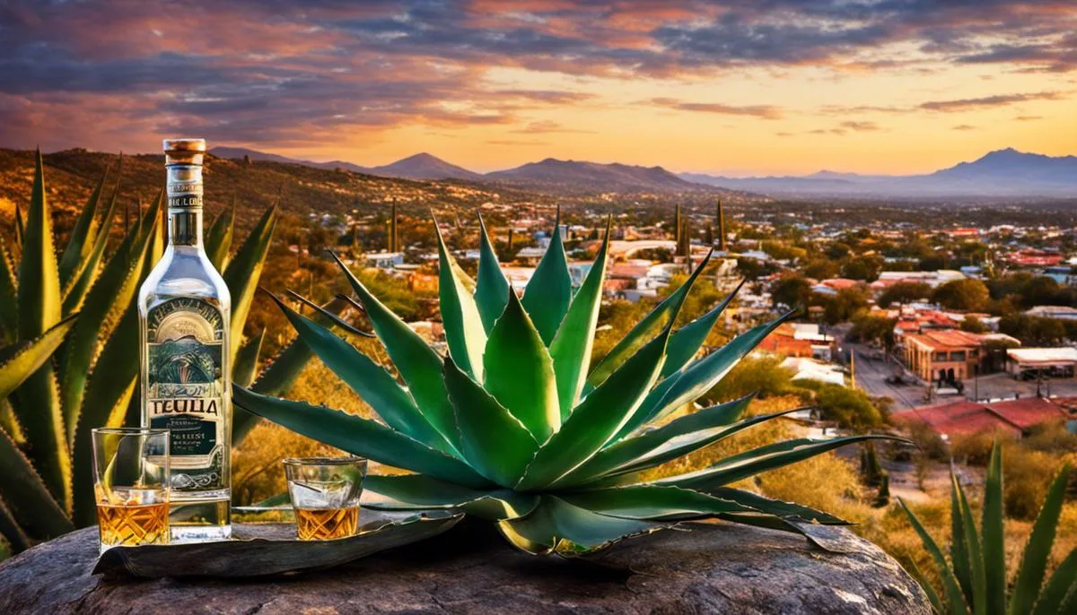 A depiction of an agave plant and a glass of tequila with a background of the town of Tequila, Mexico.