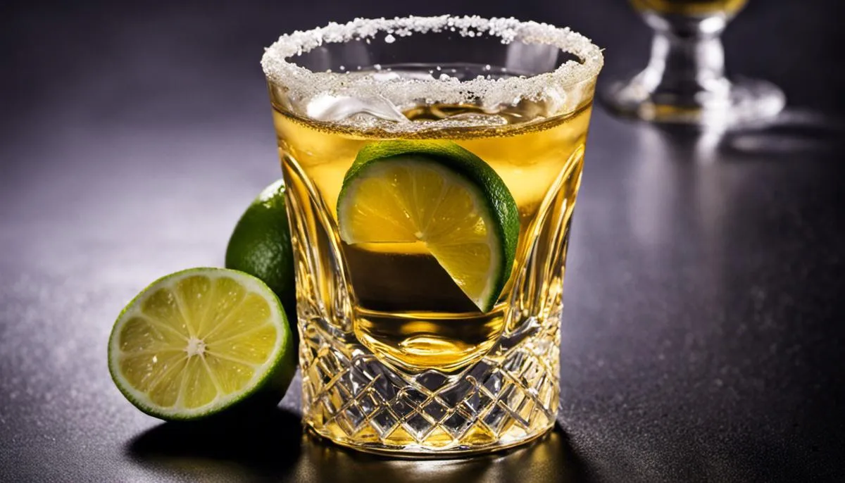 A close-up image of a shot glass filled with golden tequila, garnished with a slice of lime and a salt rim, representing the cultural and culinary significance of tequila.