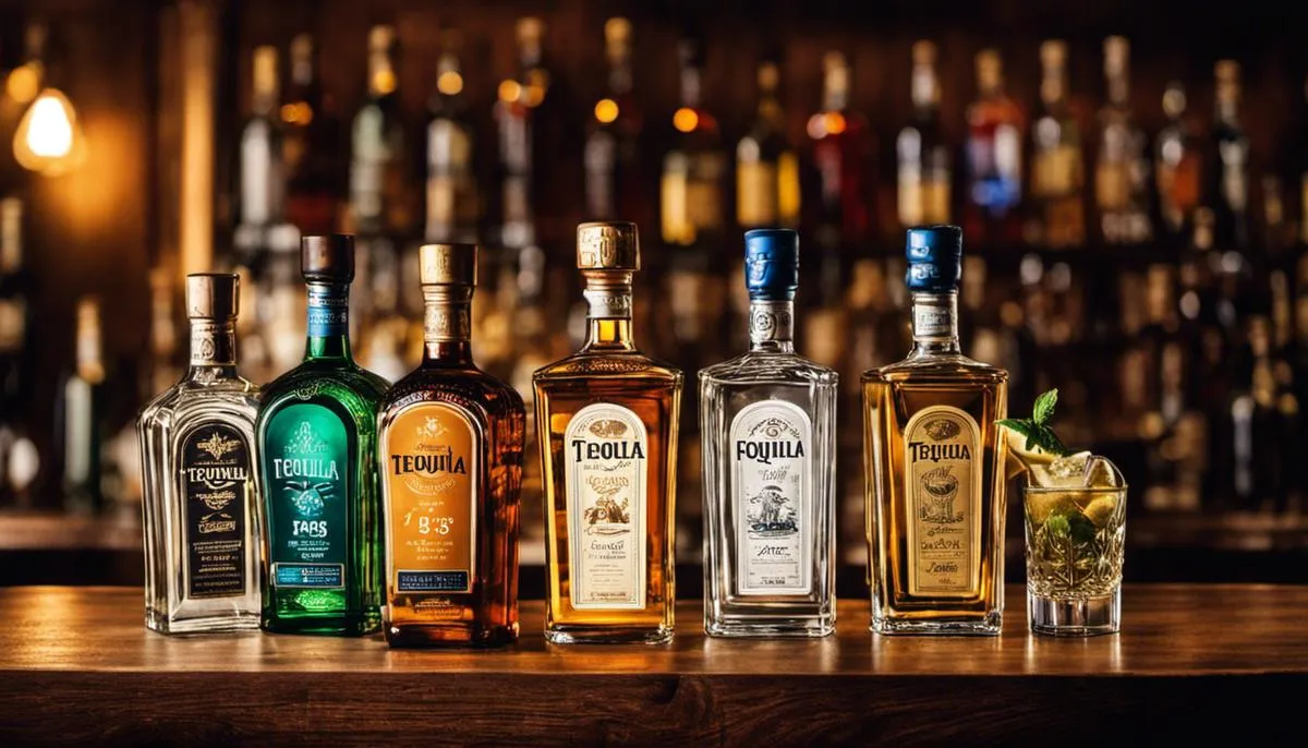 Image depicting different types of tequila bottles on a bar counter.