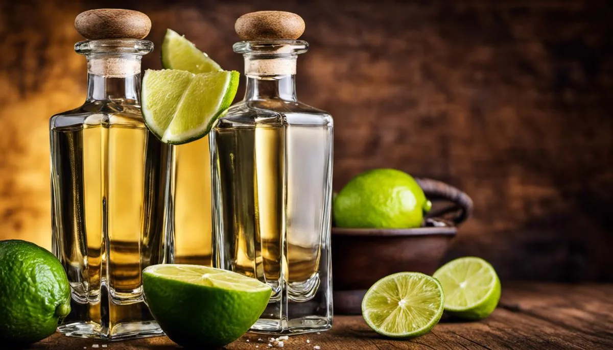 A picture of tequila bottles with limes and salt, representing the use of tequila in Mexican cuisine and fusion cuisine.