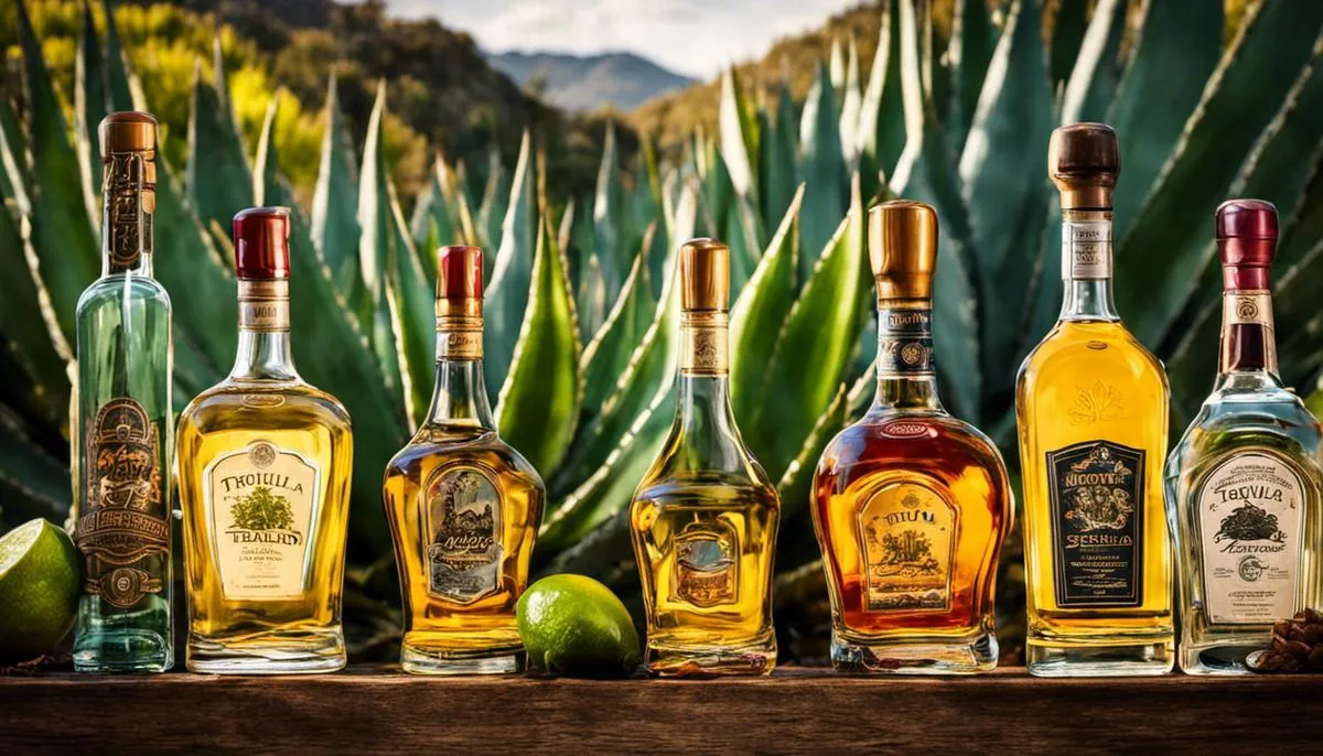 An image showing various tequila bottles and agave plants, representing the tequila industry's growth and significance