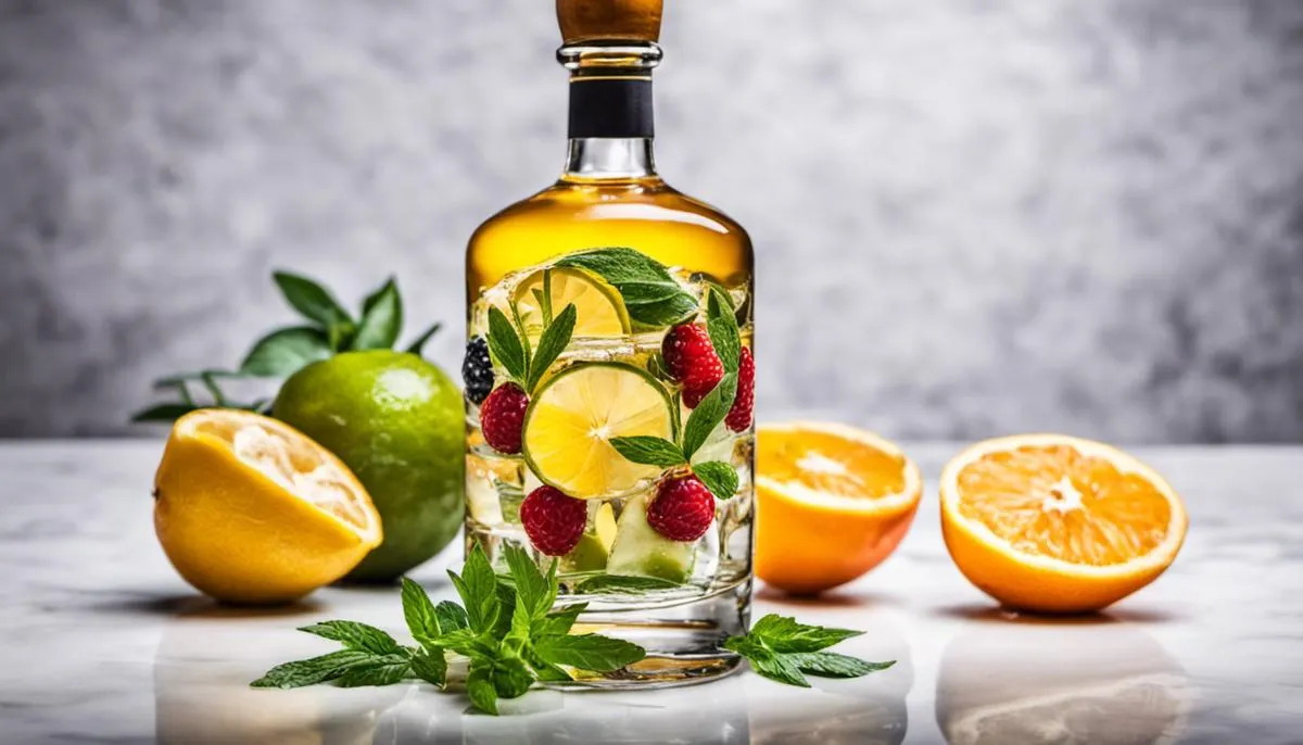 Bottle of infused tequila with fresh fruits and herbs, representing the process of infusing tequila with various flavors.