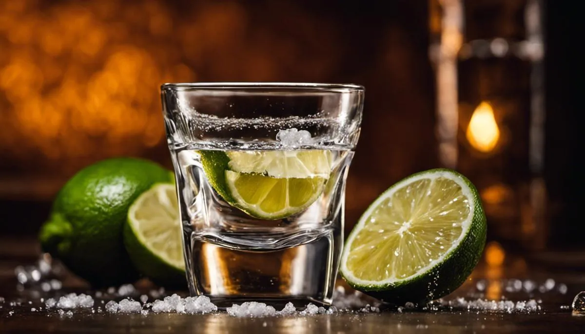 A close-up image of a tequila shot with salt and lime, depicting the traditional way of enjoying a tequila shot.