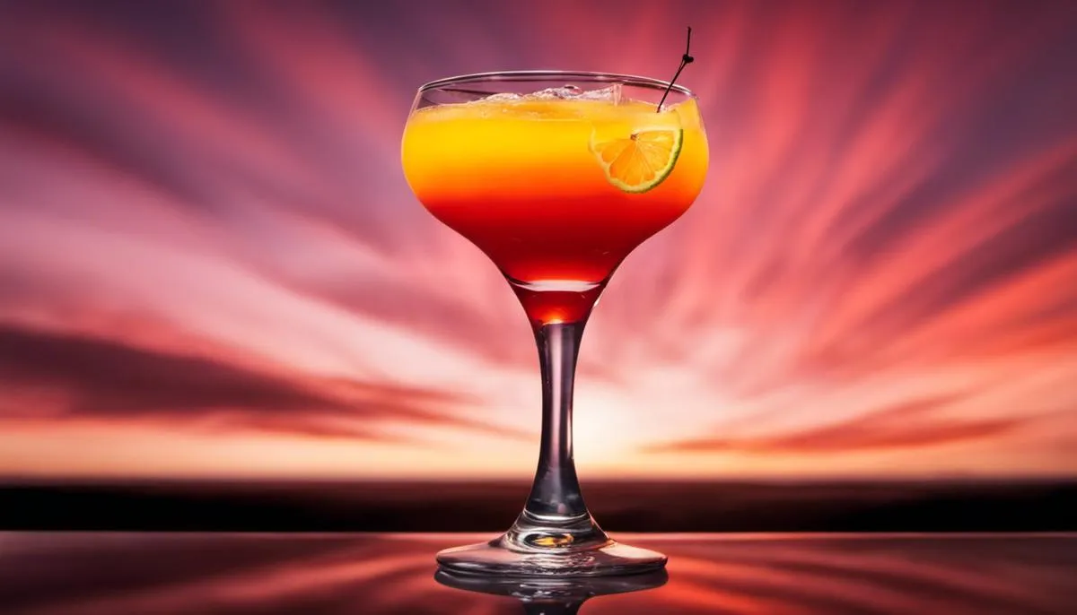 A Tequila Sunrise cocktail glass with a stunning sunrise gradient from dark red at the bottom to orange at the top. The glass is garnished with a half slice of orange on the rim and a cherry dropped inside the drink.