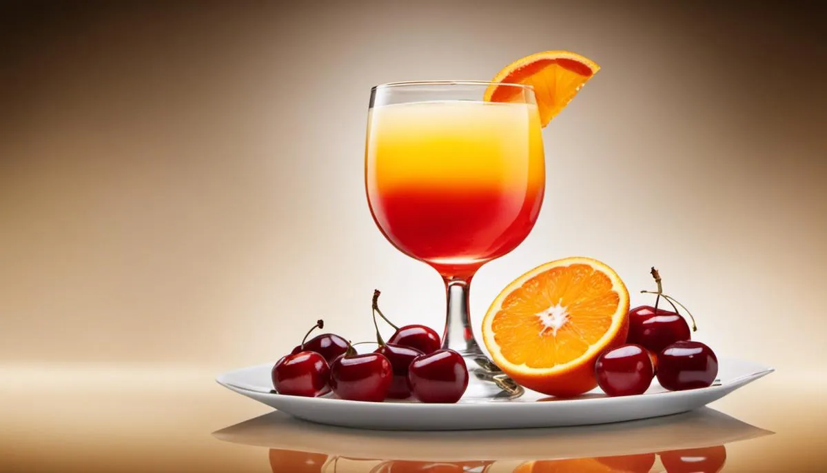 A delicious Tequila Sunrise cocktail showcasing layers of orange and red, garnished with an orange slice and cherry.