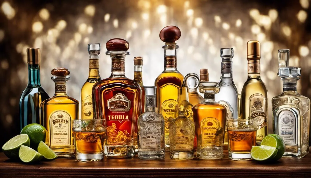 Image depicting various types of tequila bottles and glasses.