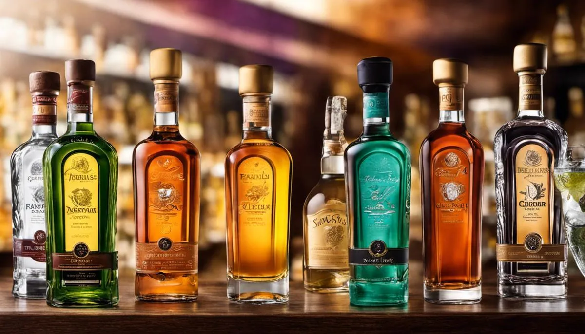 Image of various types of tequilas with different colors and labels.