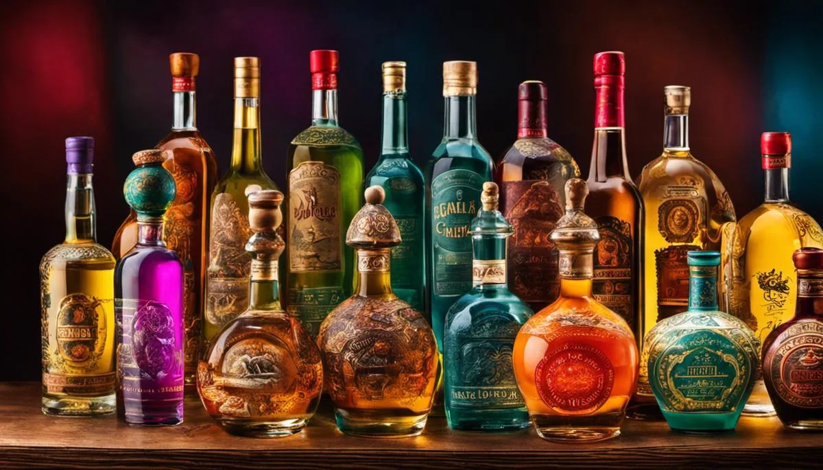 A colorful image of various types of mezcal and tequila bottles lined up, representing the diversity and characteristics of these spirits.