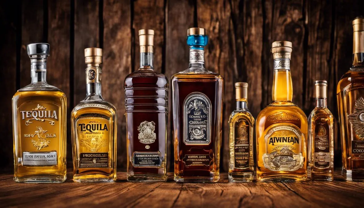 Different types of tequila bottles stacked on a wooden surface
