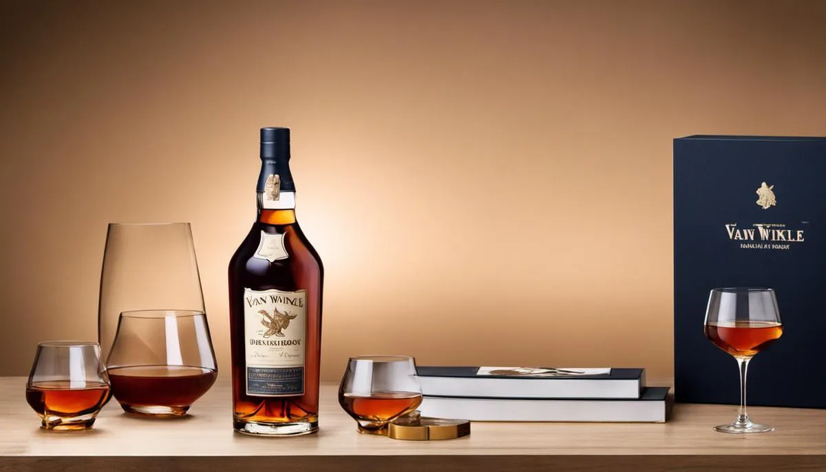 A bottle of Van Winkle 10 Year Bourbon, displaying its deep caramel color and luxury packaging.