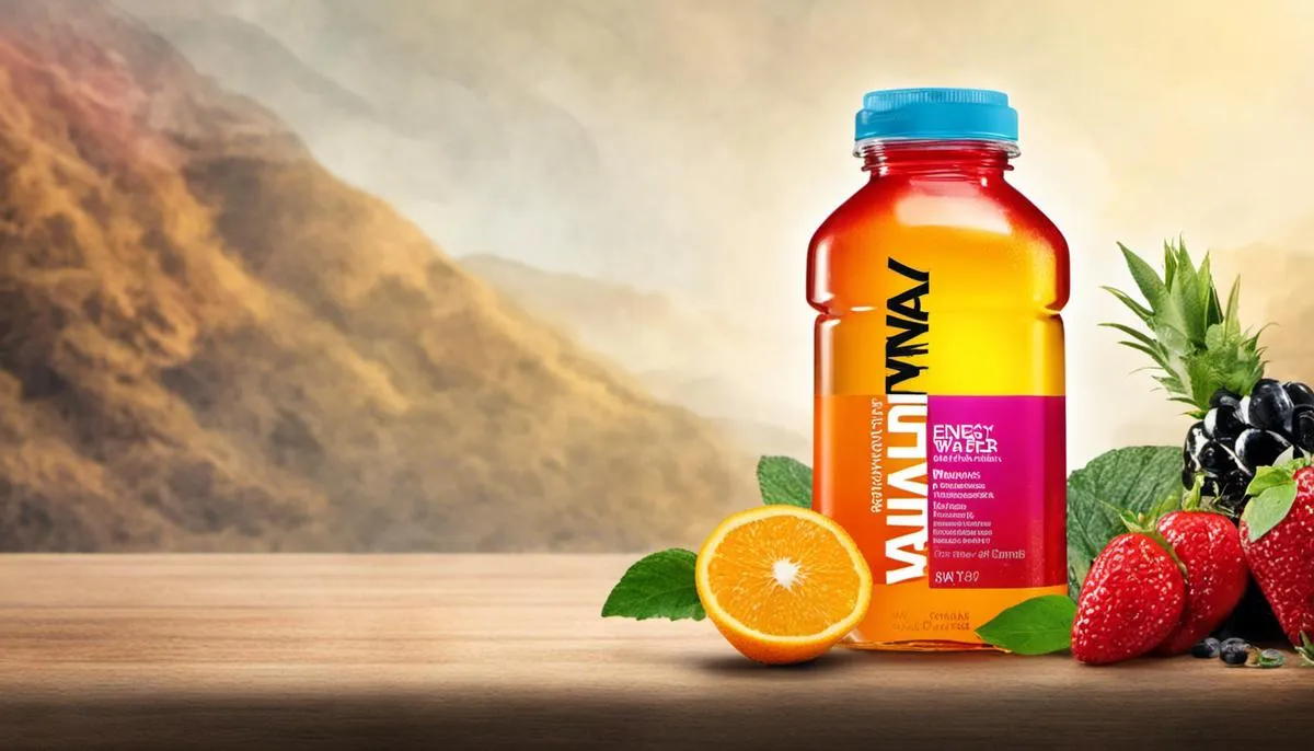 Composition of Vitamin Water Energy: A bottle of Vitamin Water Energy surrounded by essential vitamins, minerals, sugars, natural flavors, and additives, representing its diverse composition.