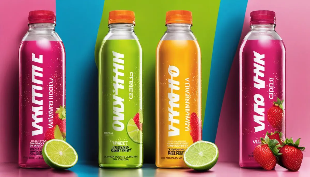 A bottle of Vitamin Water Energy with a refreshing and vibrant appearance. The image showcases the three available flavors of strawberry lime, tropical citrus, and raspberry vanilla, highlighting their smooth and enjoyable taste.